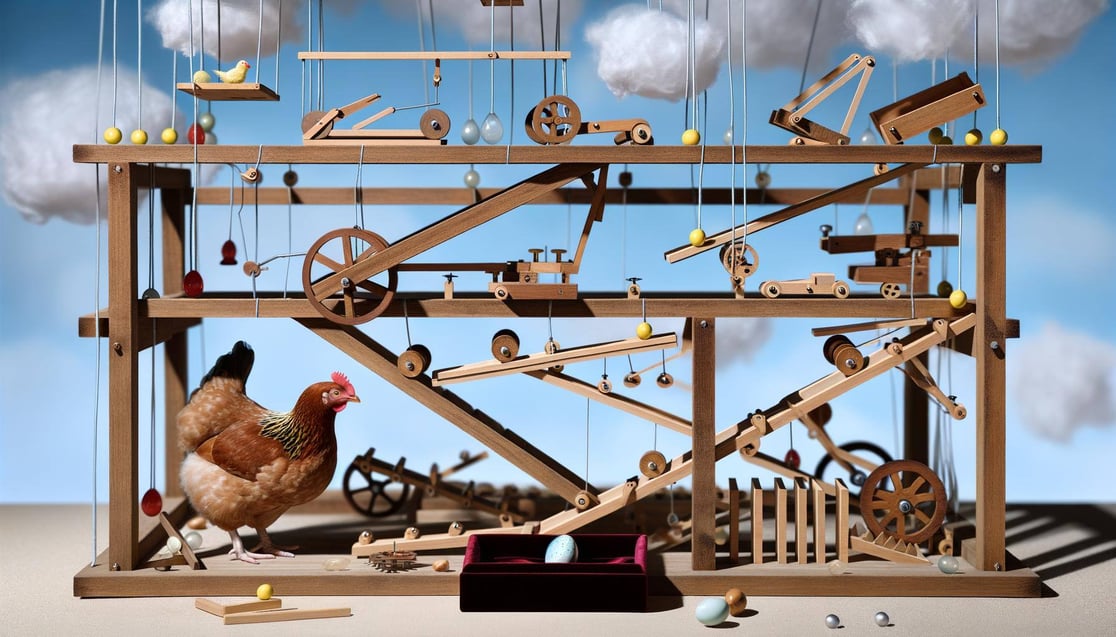 Rube Goldberg contraption with chicken and egg