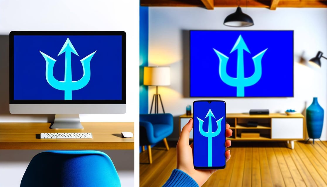 blue trident on desktop, mobile and smart TV