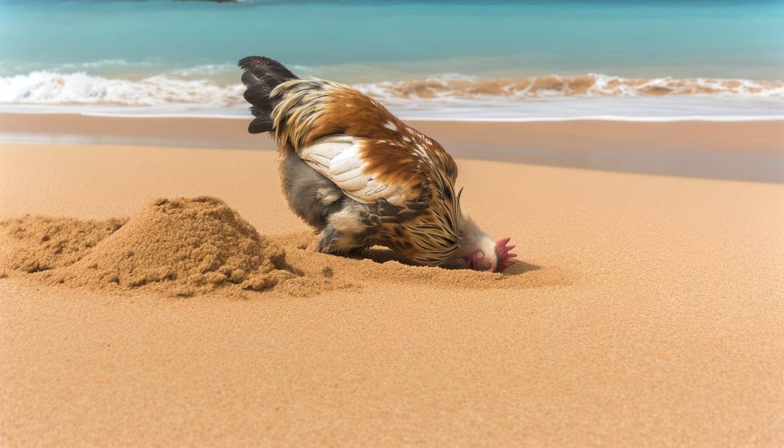 chicken sticking head in sand on beach