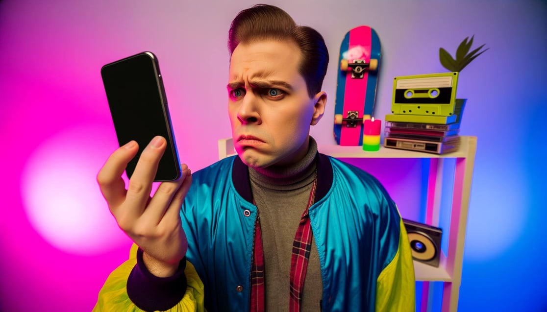 person in 1990s clothes with smartphone looking confused