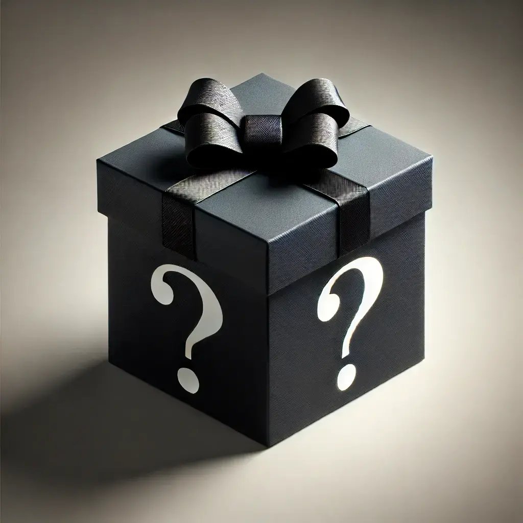 DALL·E 2025-01-23 10.55.50 - A black gift box with a subtle white question mark on the top and a small, minimalistic bow placed on the top. The box is elegant and understated, wit (1)