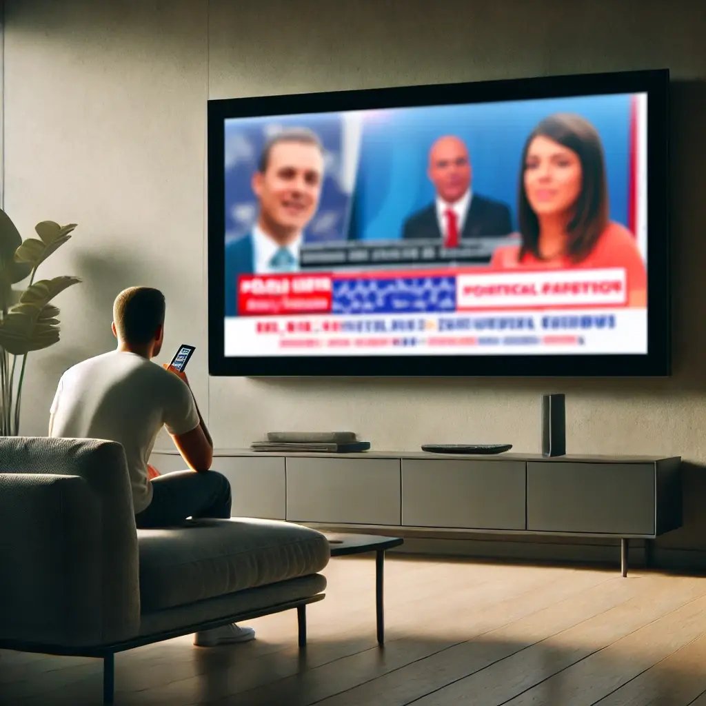 DALL·E 2025-01-31 14.10.37 - A modern living room with a TV displaying political ads and news coverage. The scene is realistic, with a person casually watching the screen. The TV 