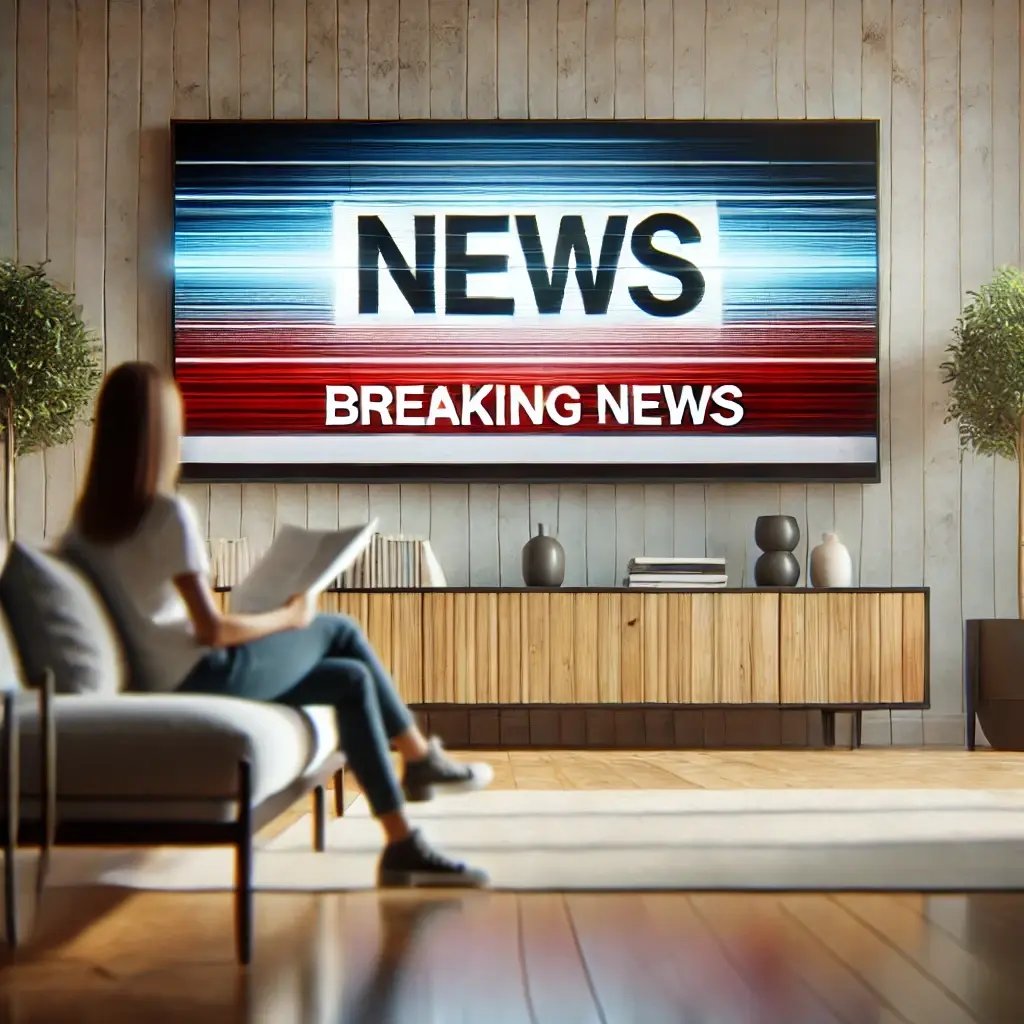 DALL·E 2025-02-05 07.17.44 - A modern living room with a TV displaying a fully blurred news broadcast with no visible text. The screen maintains the aesthetic of a news broadcast 